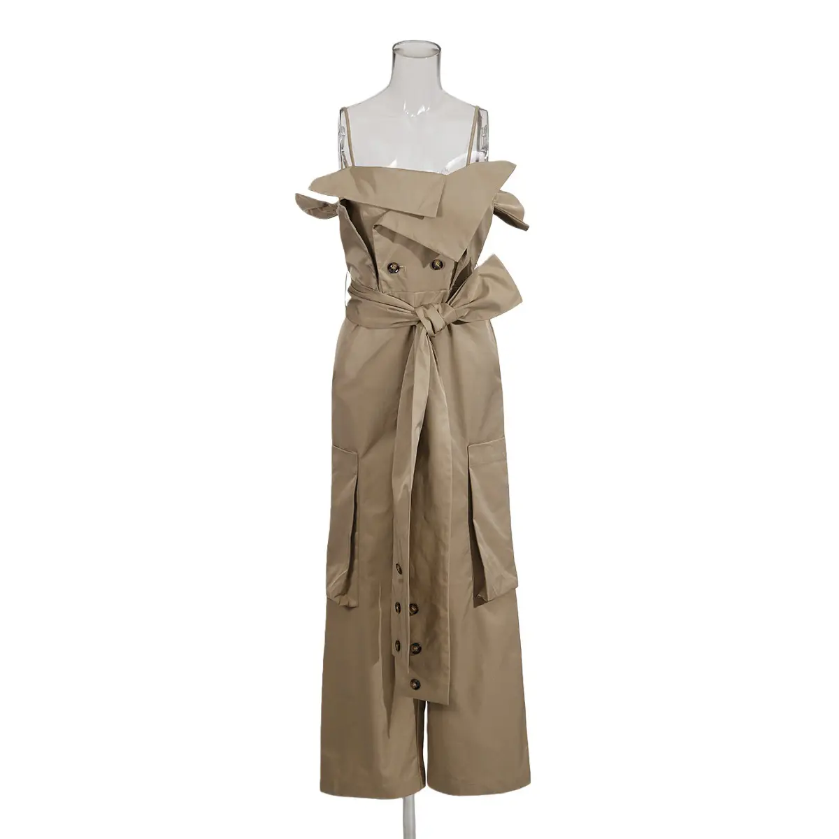 Khaki belted waist-cinching slee...