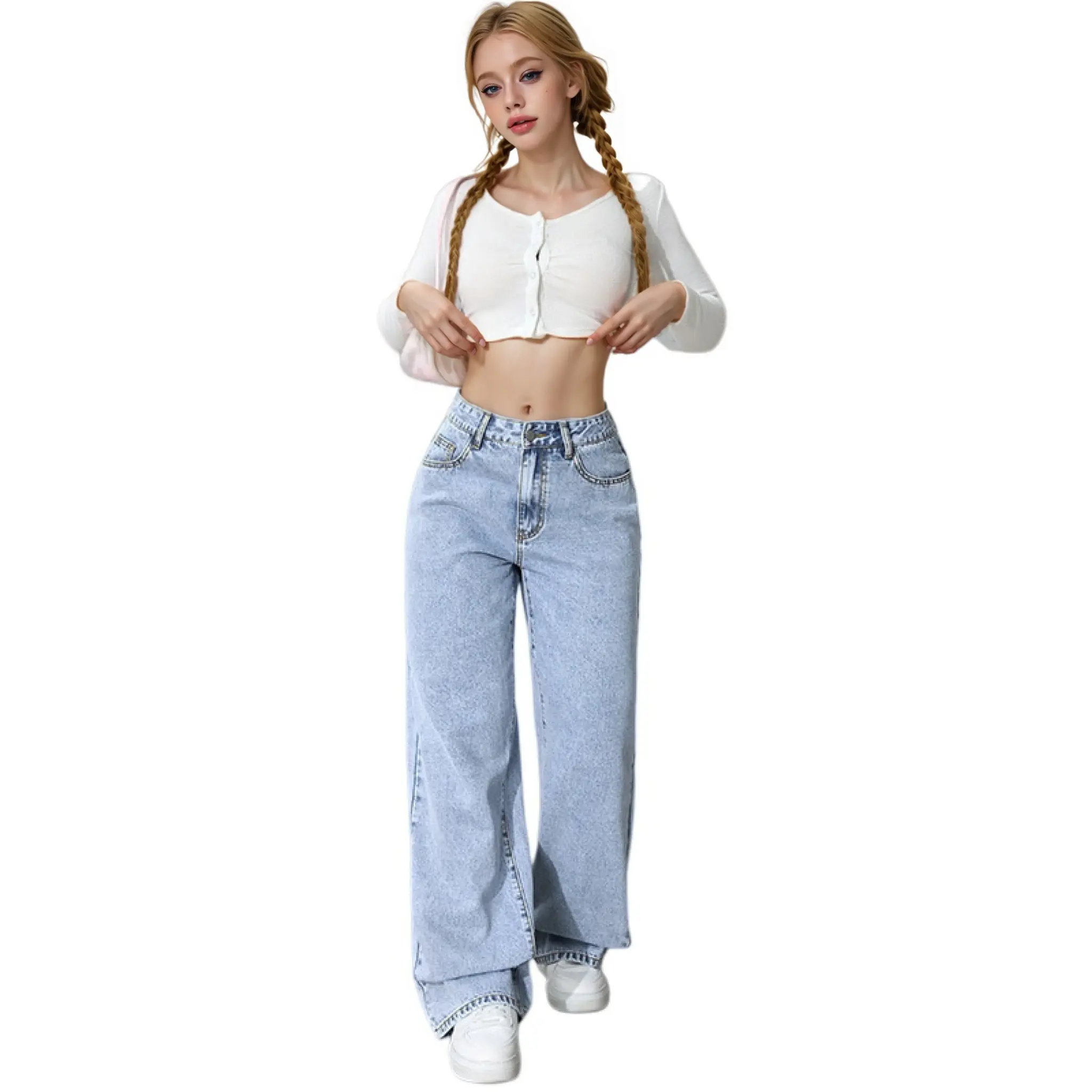 Sweet and spicy style high-waisted straight leg jeans new summer style loose fit trendy and versatile long pants