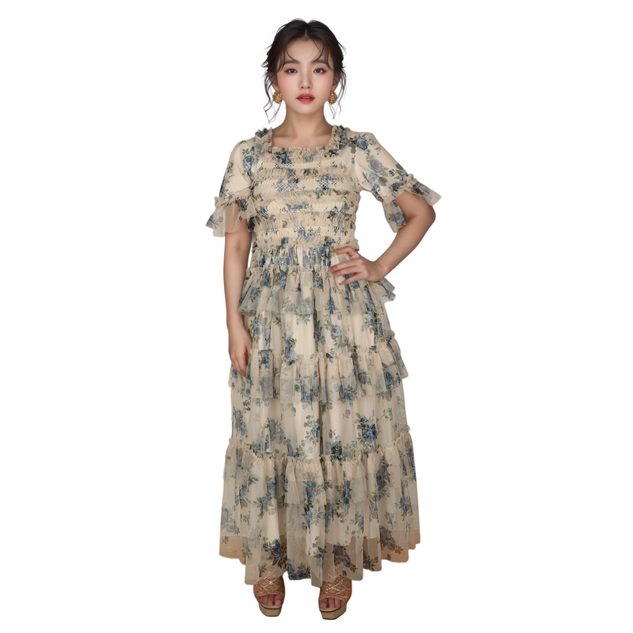 OEM ODM Custom Blue Floral Digital Print Dress Wholesale High Quality Smocked Flared Long Maxi Summer Dresses Women Clothes