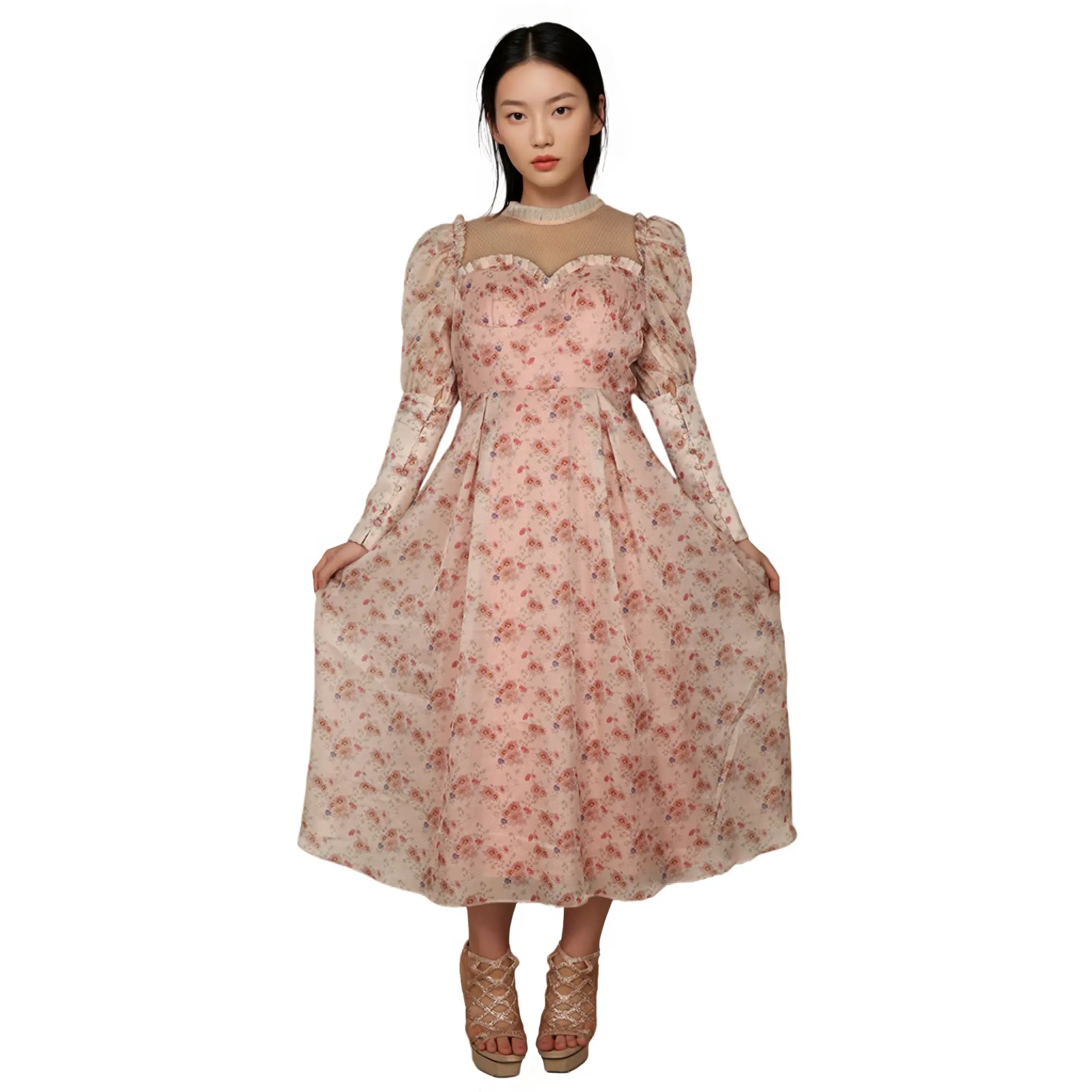 European and American New Foreign Trade Floral Fairy Intellectual Style Waist-Tight Square Collar Lace up Long Dress