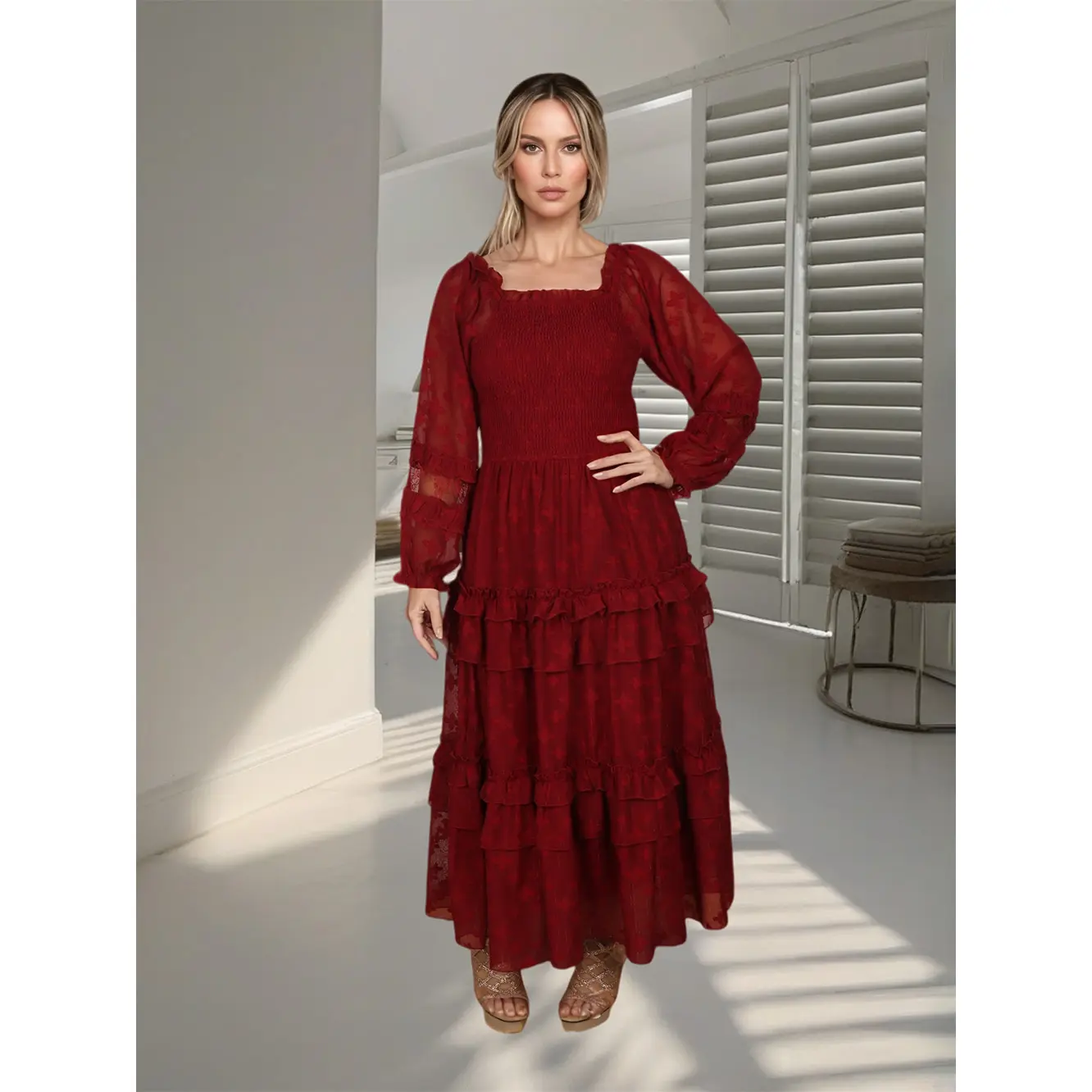 Custom Square Neck Long-Sleeve Dress: Timeless Elegance for Discerning Women