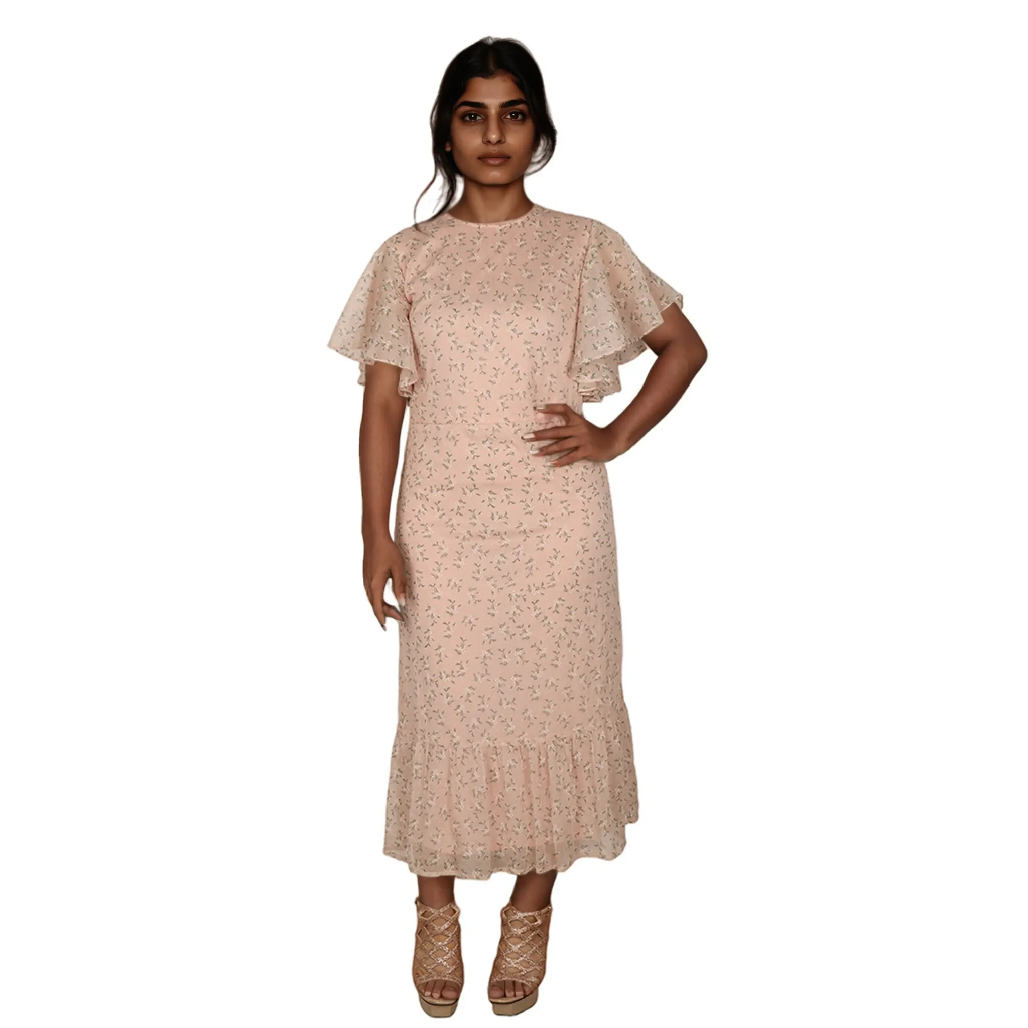 Floral Printed Square Collar Short Sleeve Button Front Natural Waist Classic Fit Women's Knee-Length Casual Dress Cotton Dress
