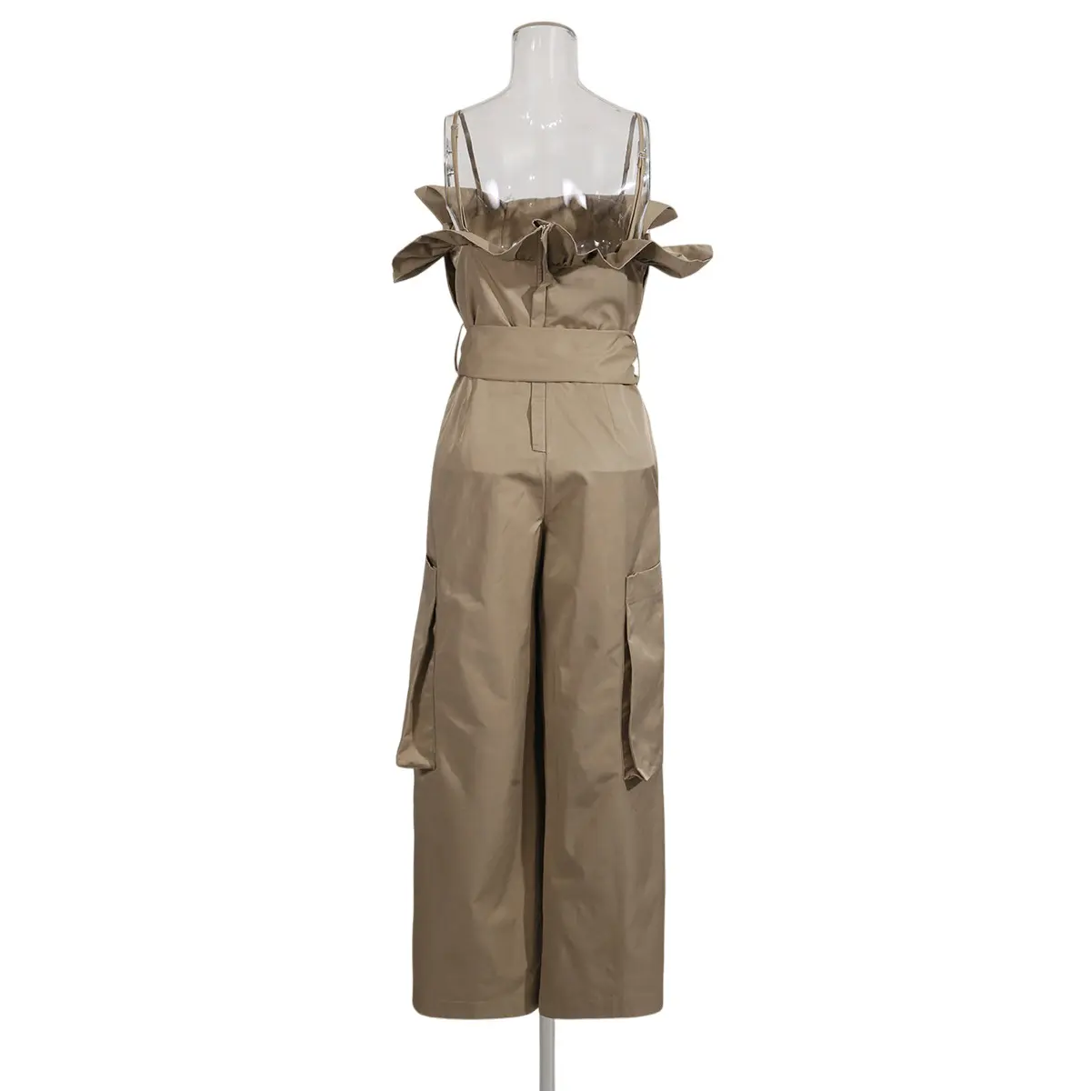Khaki belted waist-cinching sleeveless jumpsuit with cargo pockets, new winter 2025 style, high-end women's trousers (4).jpg