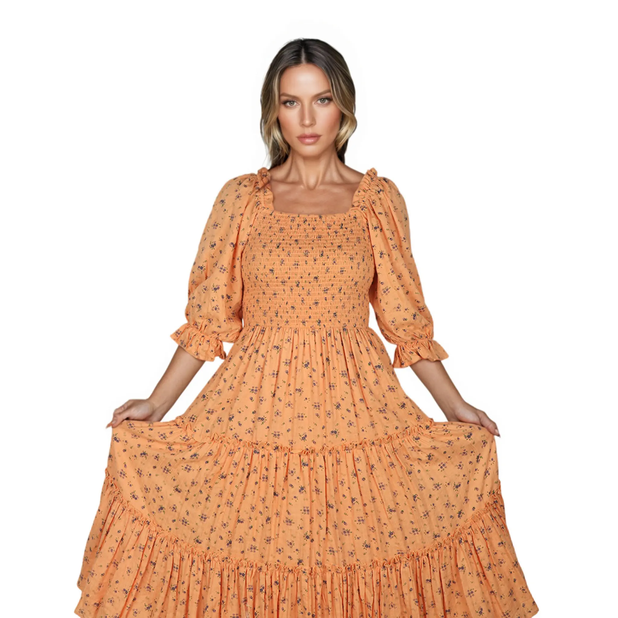 Floral Print Square-Collar Cotto...