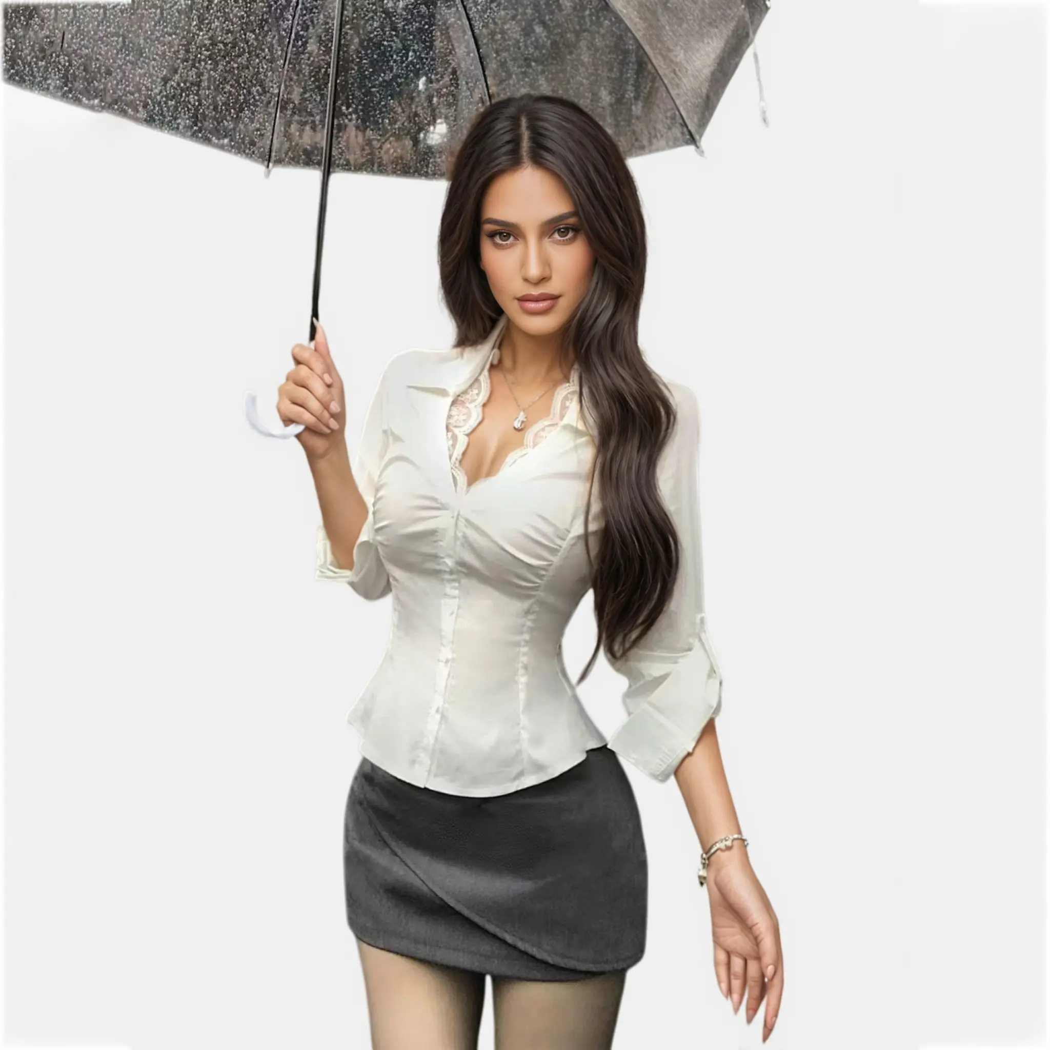 Black lace pure desire long sleeved shirt for women in autumn 2025, with a niche design and waist cinching top (3).jpg