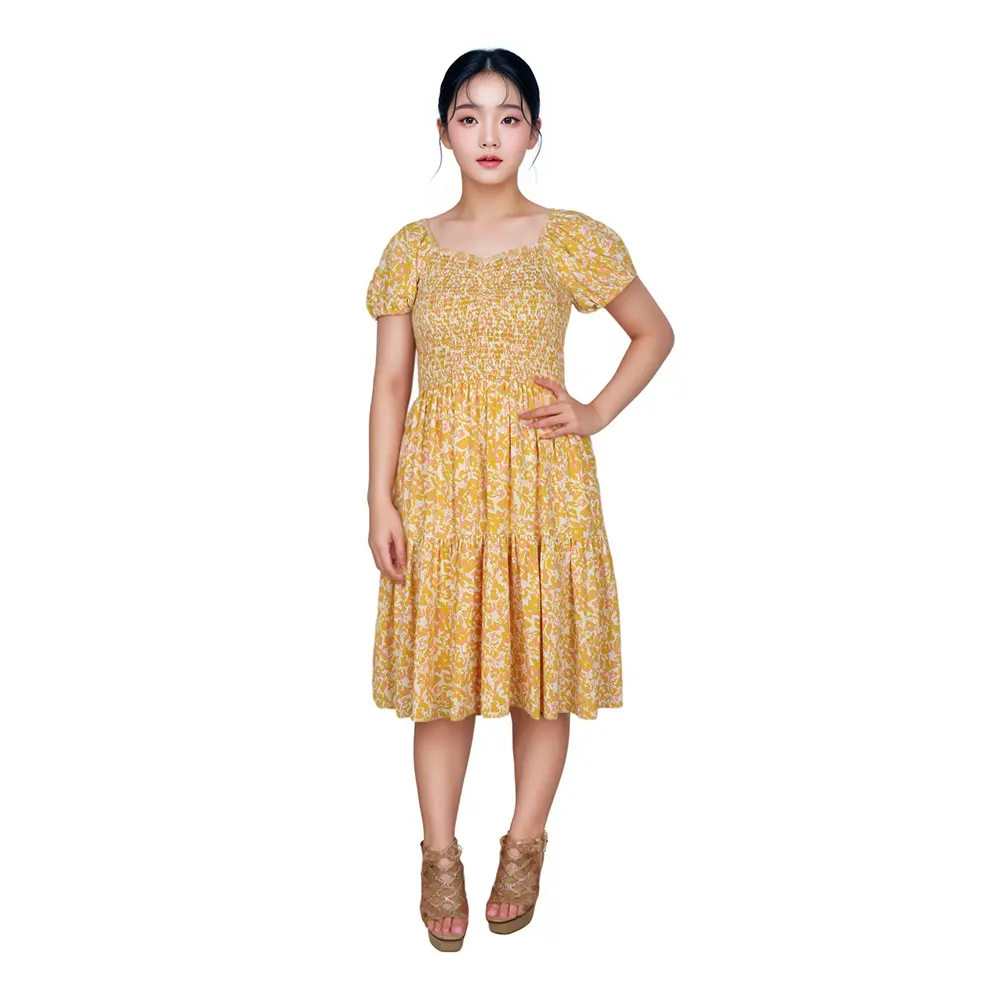 OEM Custom Yellow Floral Cotton-Linen Dress: Effortless Summer Style for Wholesale