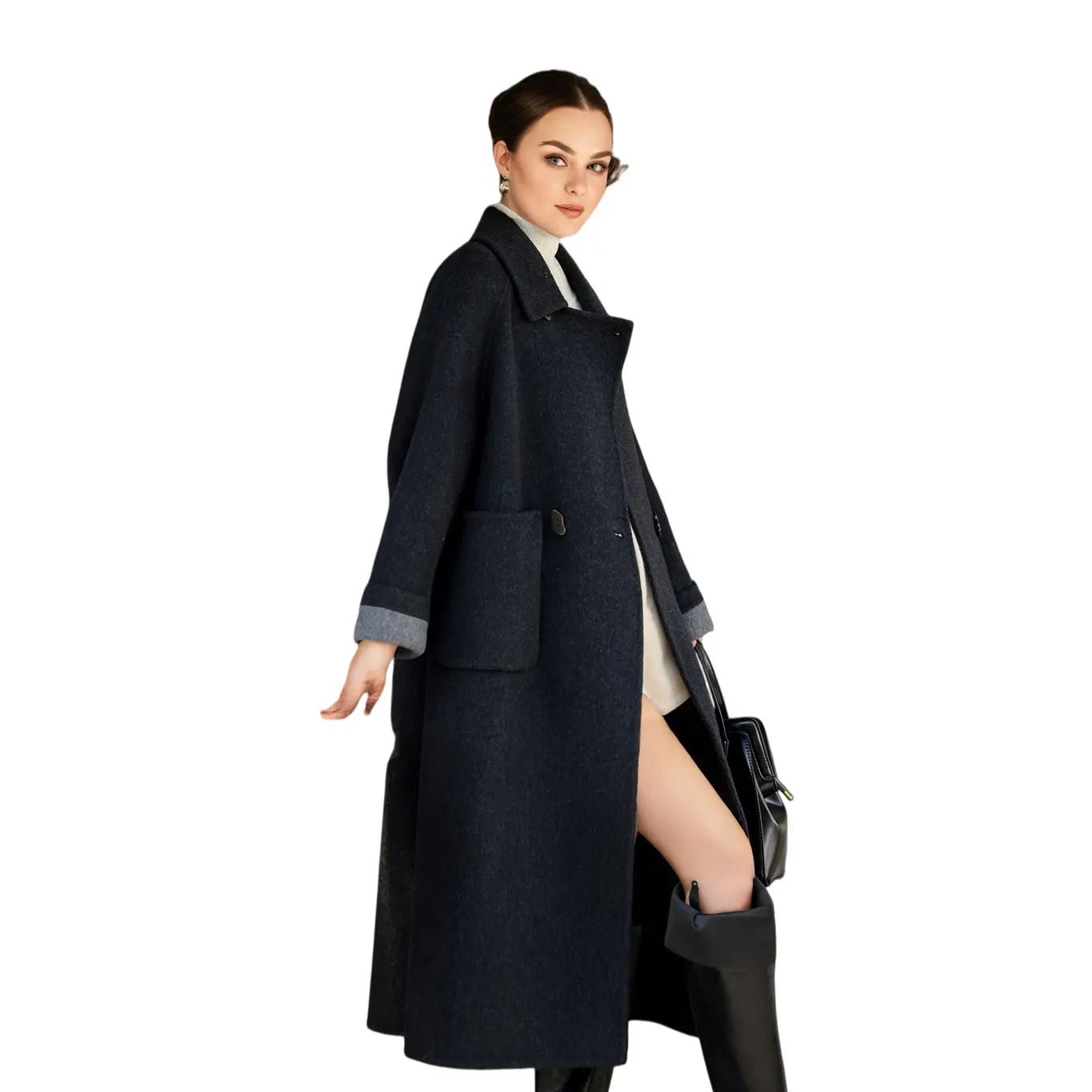 Textured Drop Shoulder Sleeve Small Button Embellished Women's Overcoat With Slouchy Bag 100% Wool Coat
