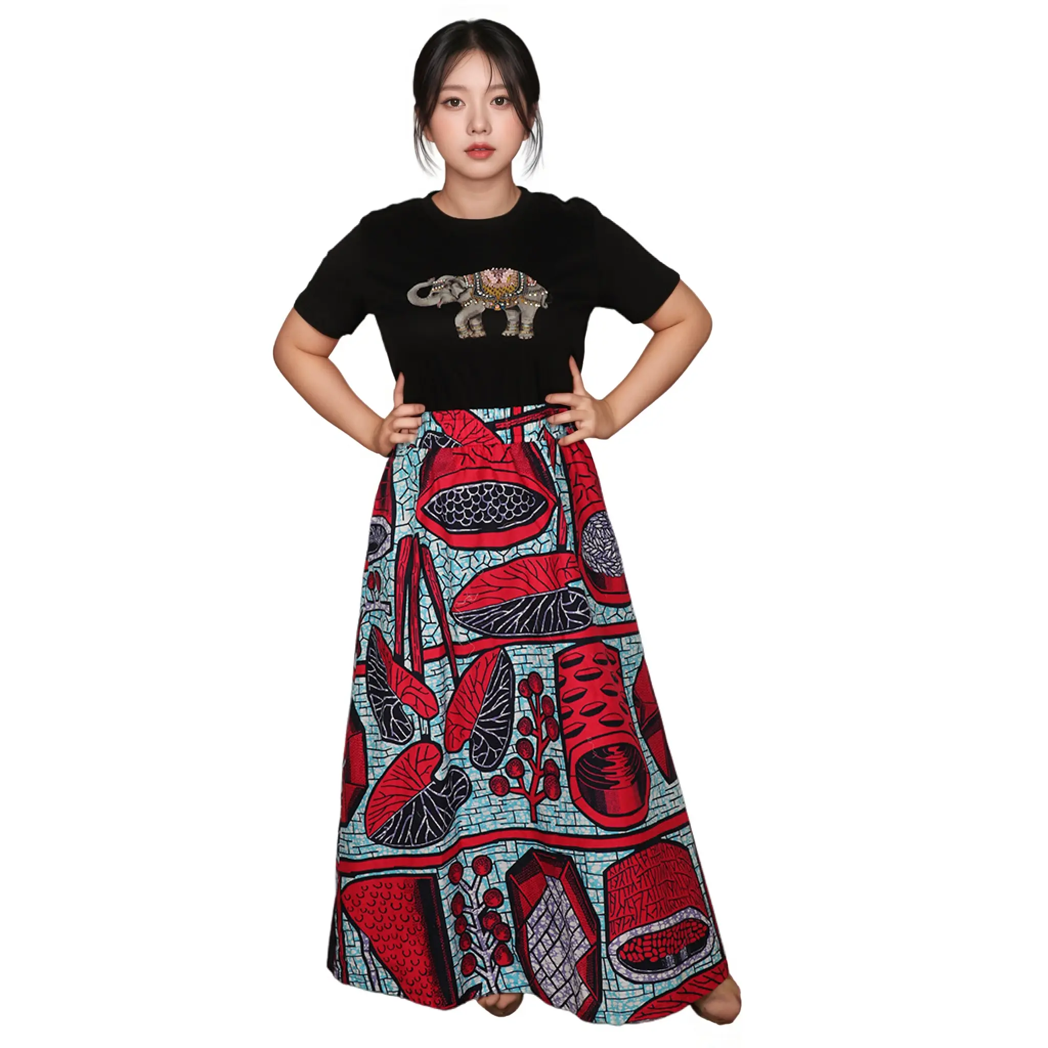 Brand Summer Casual Pleated Floor-Length Natural Waist 100% Cotton Quality Skirts Womens Fashion European Cartoon Print