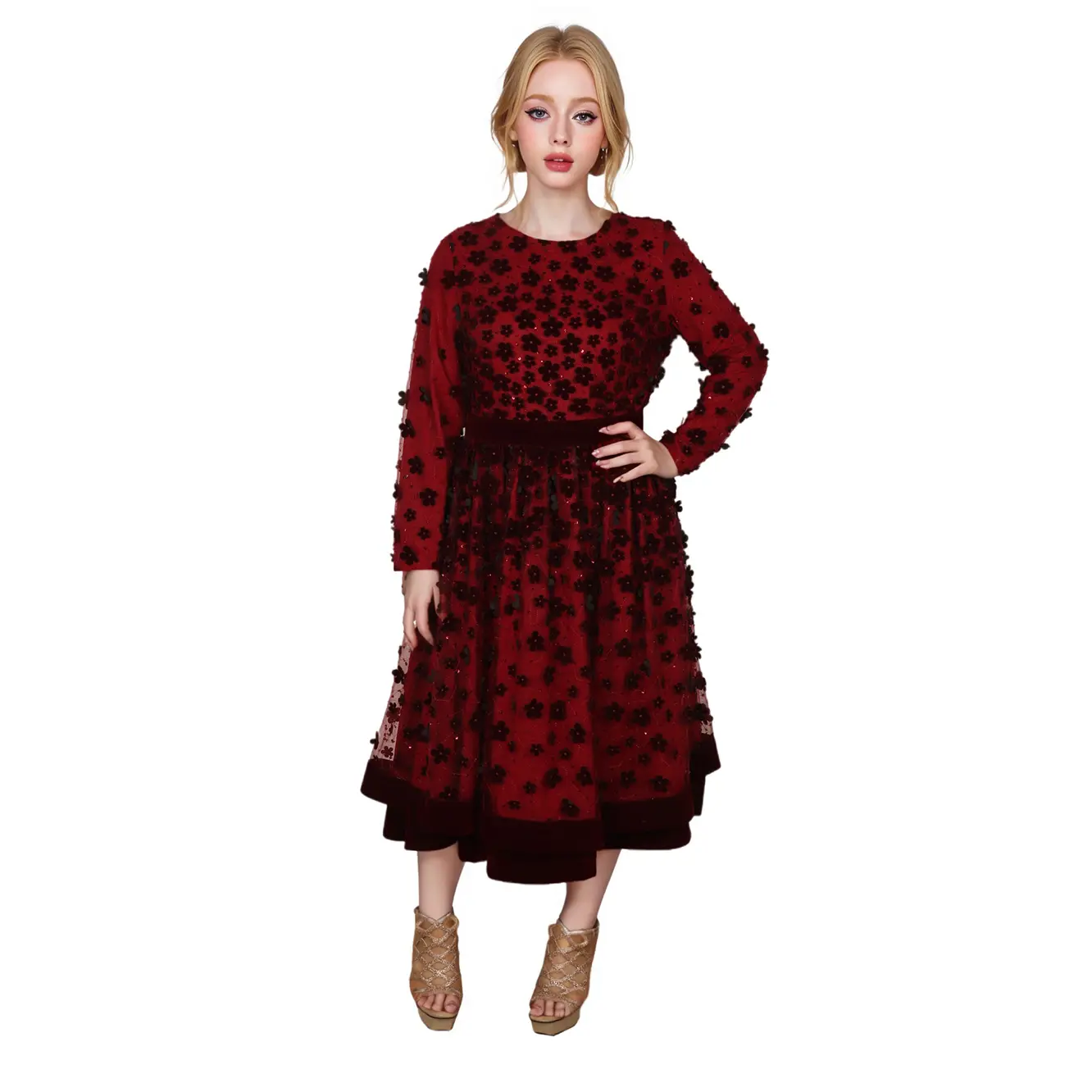 Women's Velvet Long-Sleeve Dress...