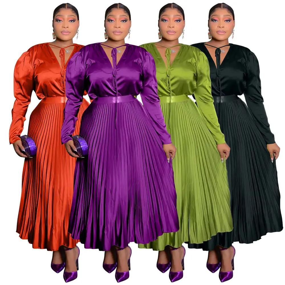 Boutique Wholesale Summer New Style Embroidered Lace Satin Versatile Pleated Solid Color Long Sleeved Slimming Plus-size Dress