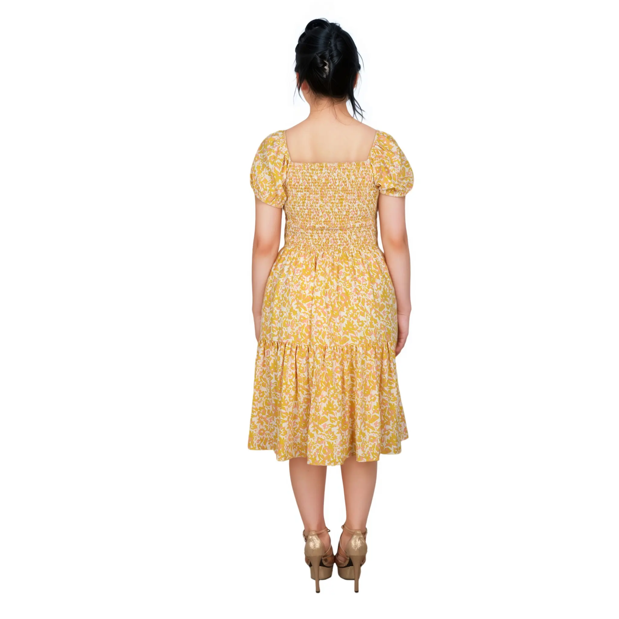 OEM Custom Yellow Color Floral Print Women Dress Wholesale Women's Loose Casual Cotton Linen Dress (4).jpg
