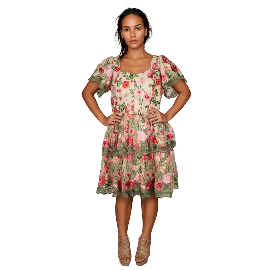 Print Sleeve Square Neck Open Back Lace Trim Tiered Ruffle Elegant Vintage Summer Garden Party Maxi Women Dress