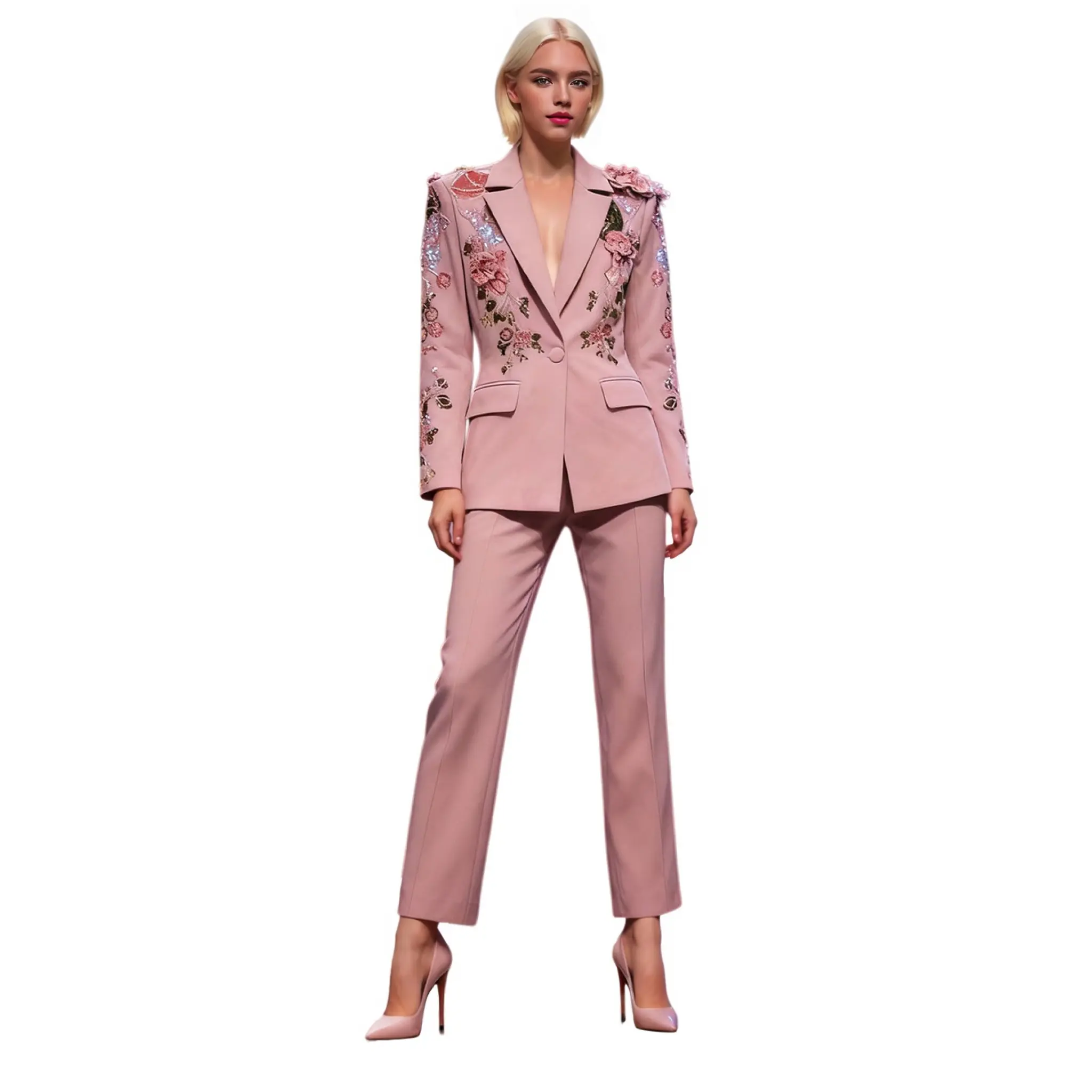 Light pink suit set, 2025 autumn new style, women's 3D floral embroidery sequin patchwork jacket + wide-leg pants