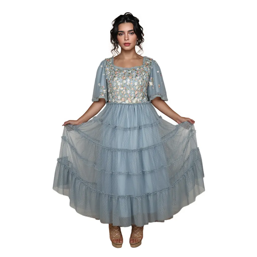 Summer Fairycore Tunic Slim Casual Midi Dress for Women Empire Patchwork Sequined Mesh Dress