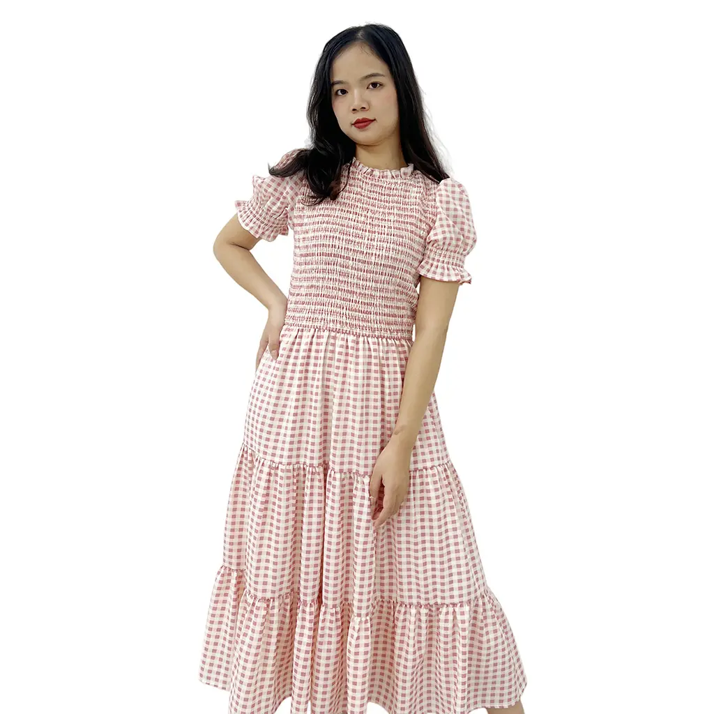 Customized Casual Ladies O Neck Tiered Ruffles Heart Print Shirred Pink Floor-Length Natural Waist Dress for Women