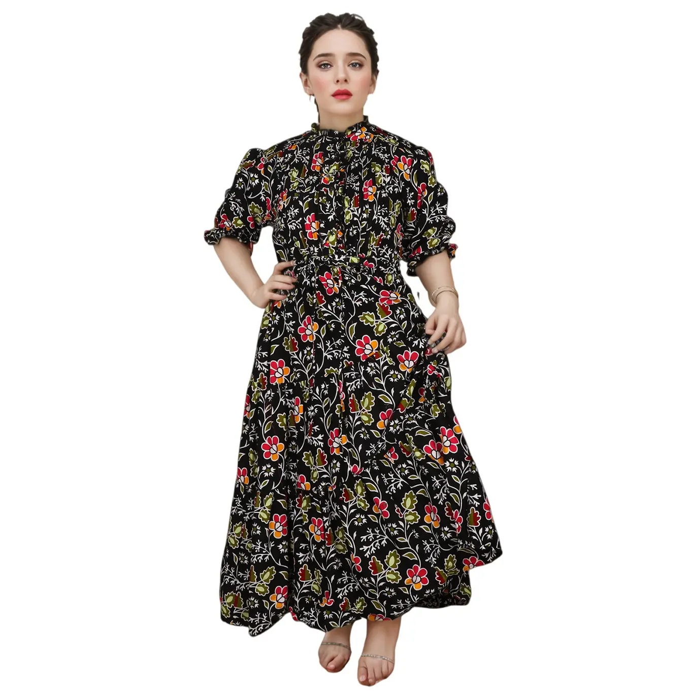 Manufacturer Custom Ladies Fashion Dress New Style Short Sleeves Floral Pattern Casual Maxi Chiffon Fabric Autumn Season Natural