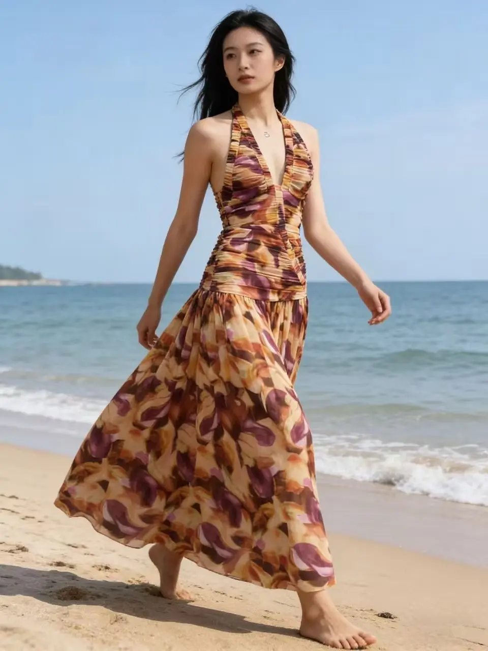 Pure Desire Sexy V-neck Regular Fit Eco-Friendly Breathable Chiffon Summer Dress for Women with Digital Printing Woven Fabric