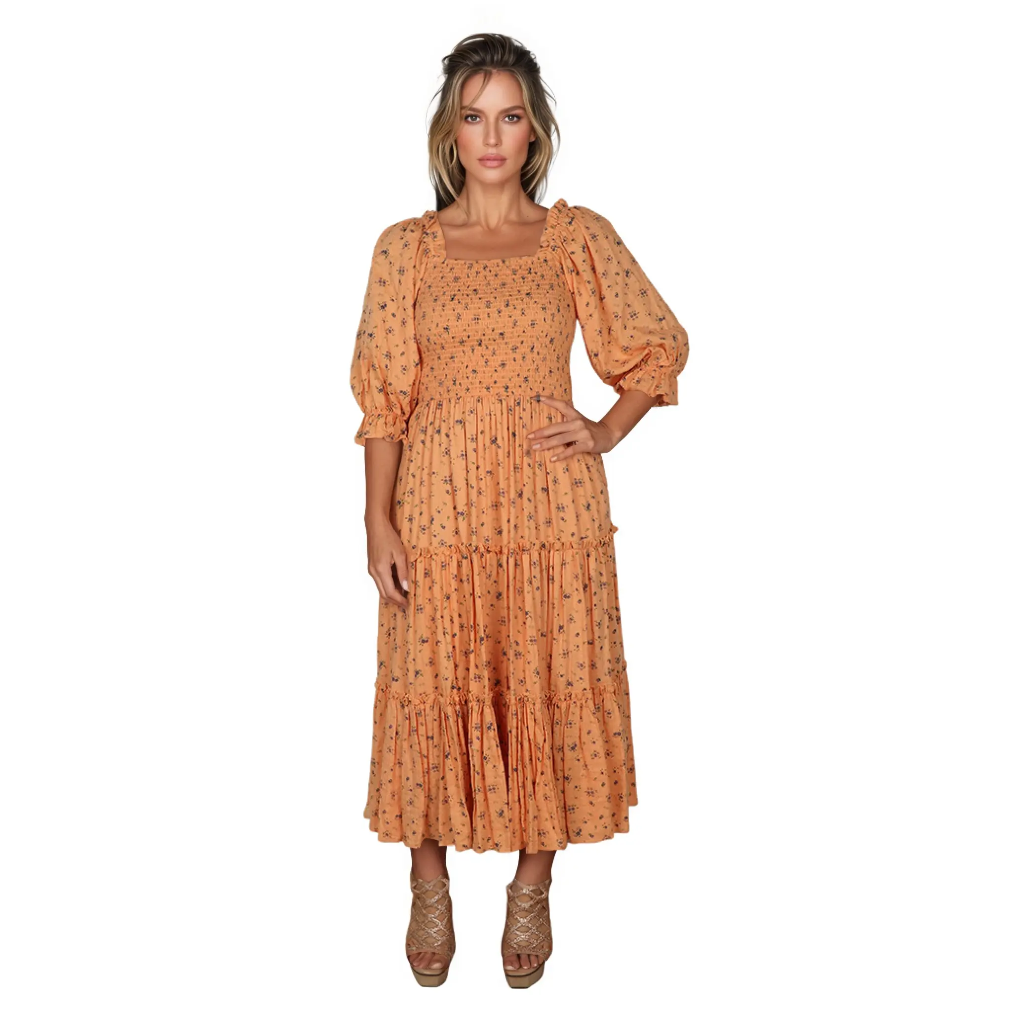 Floral Print Square-Collar Cotton Summer Dress