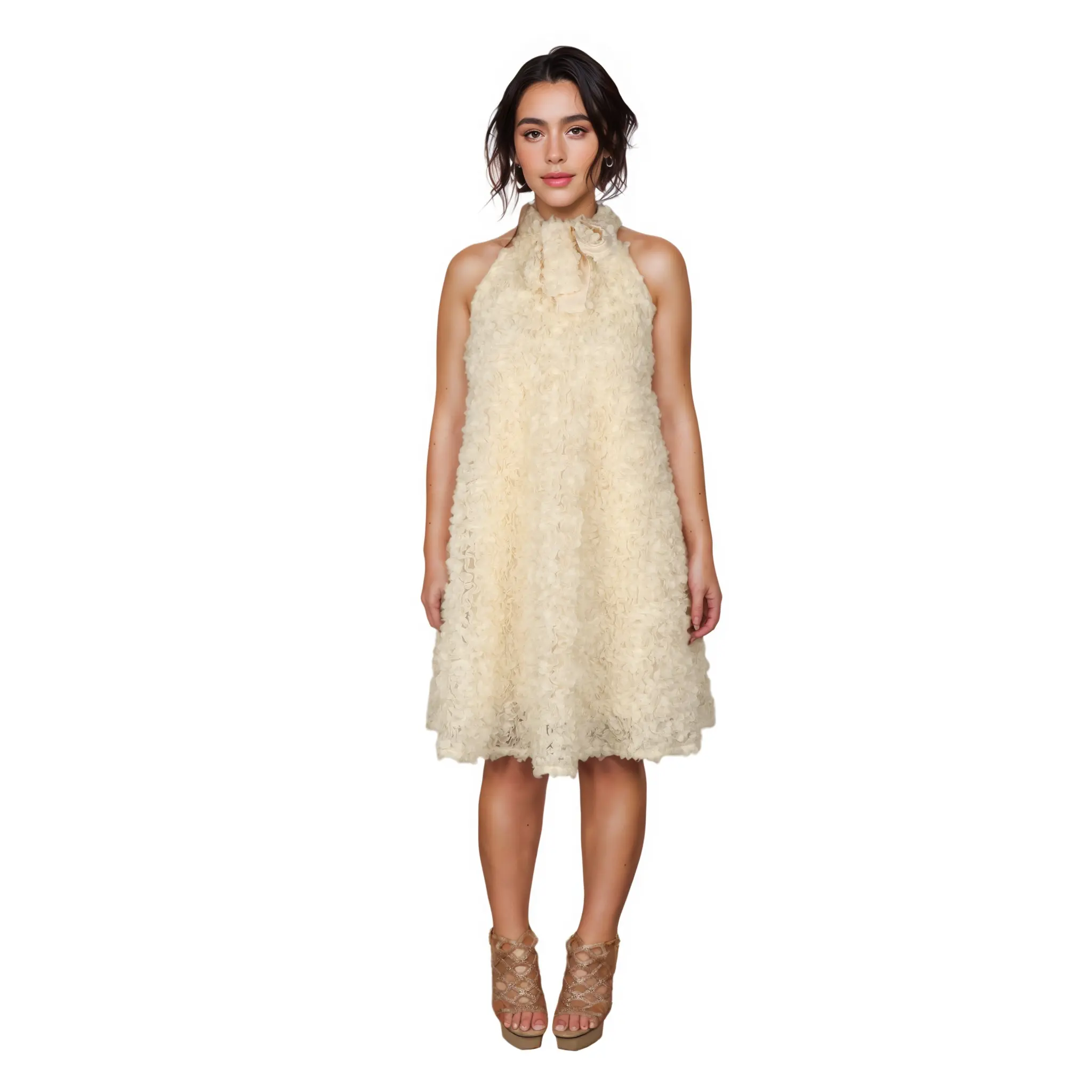 Customized Feather-Texture Halter Mini Dress: Elegant Statement for Special Occasions