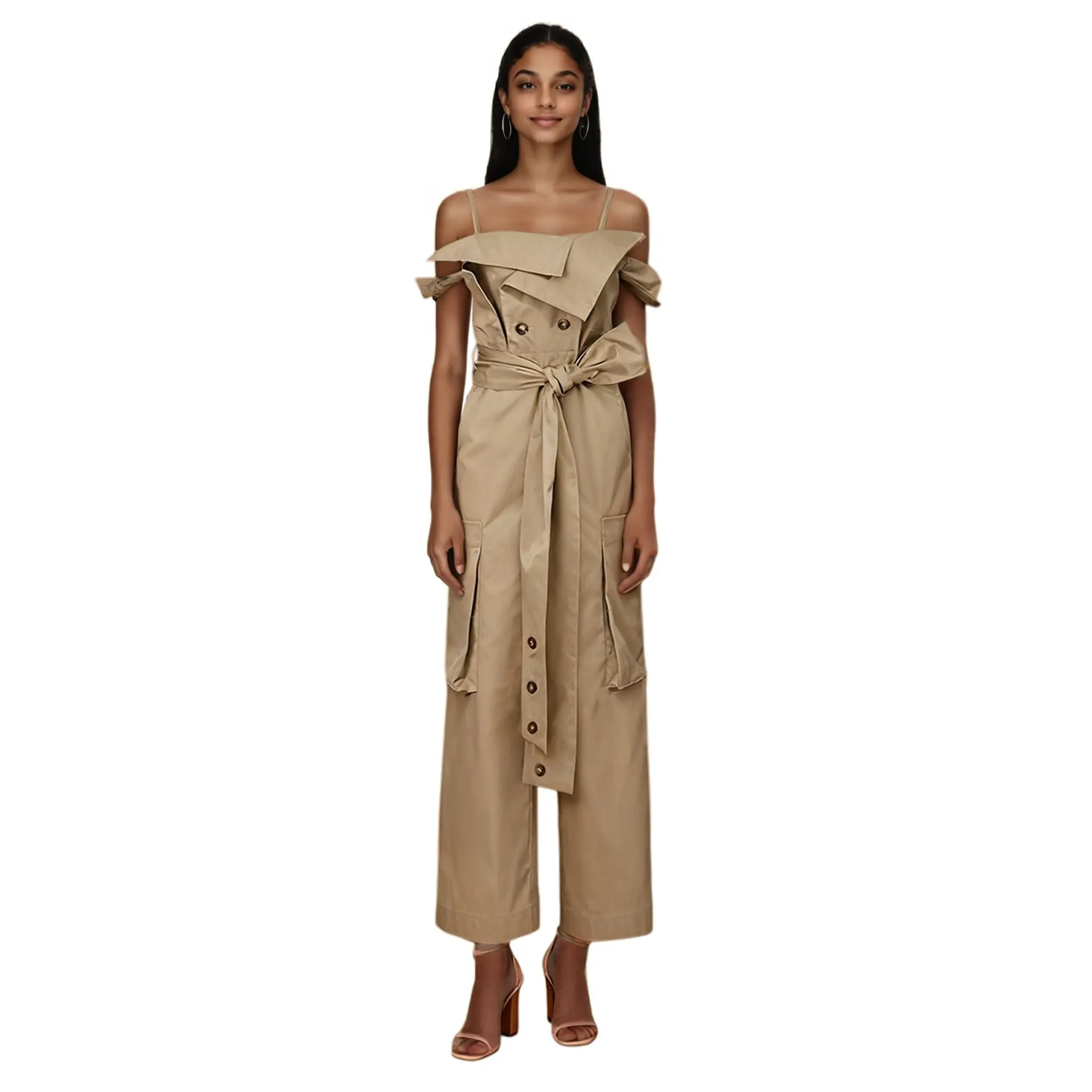 Khaki belted waist-cinching sleeveless jumpsuit with cargo pockets, new winter 2025 style, high-end women's trousers