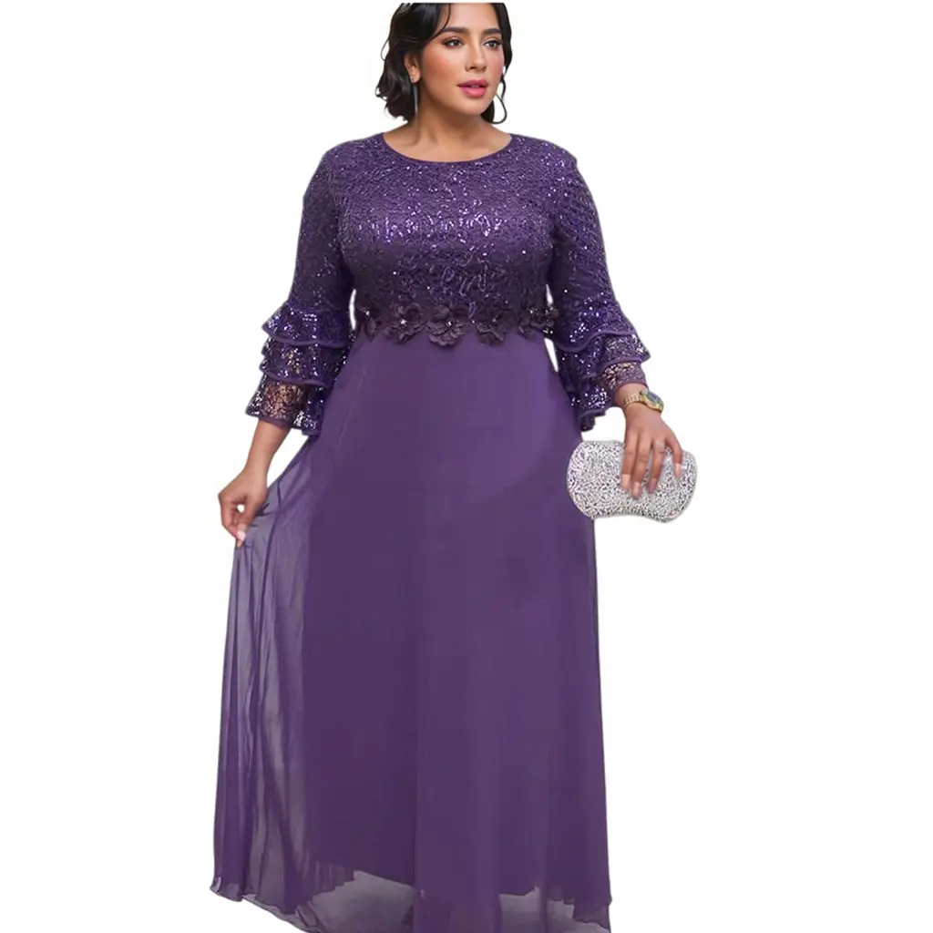 African European and American Women's Plus Size Eco-Friendly Washable Woven Lace Solid Natural Waist Ruffles Chiffon Dress