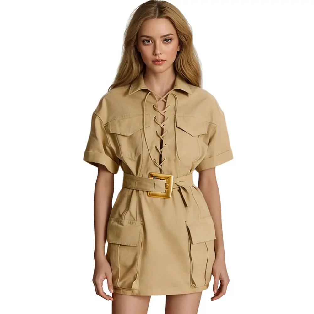 In Stock Summer Digital Printing Cotton for Empire Waist A-Line Casual Belted Tie Short Sleeve Dress