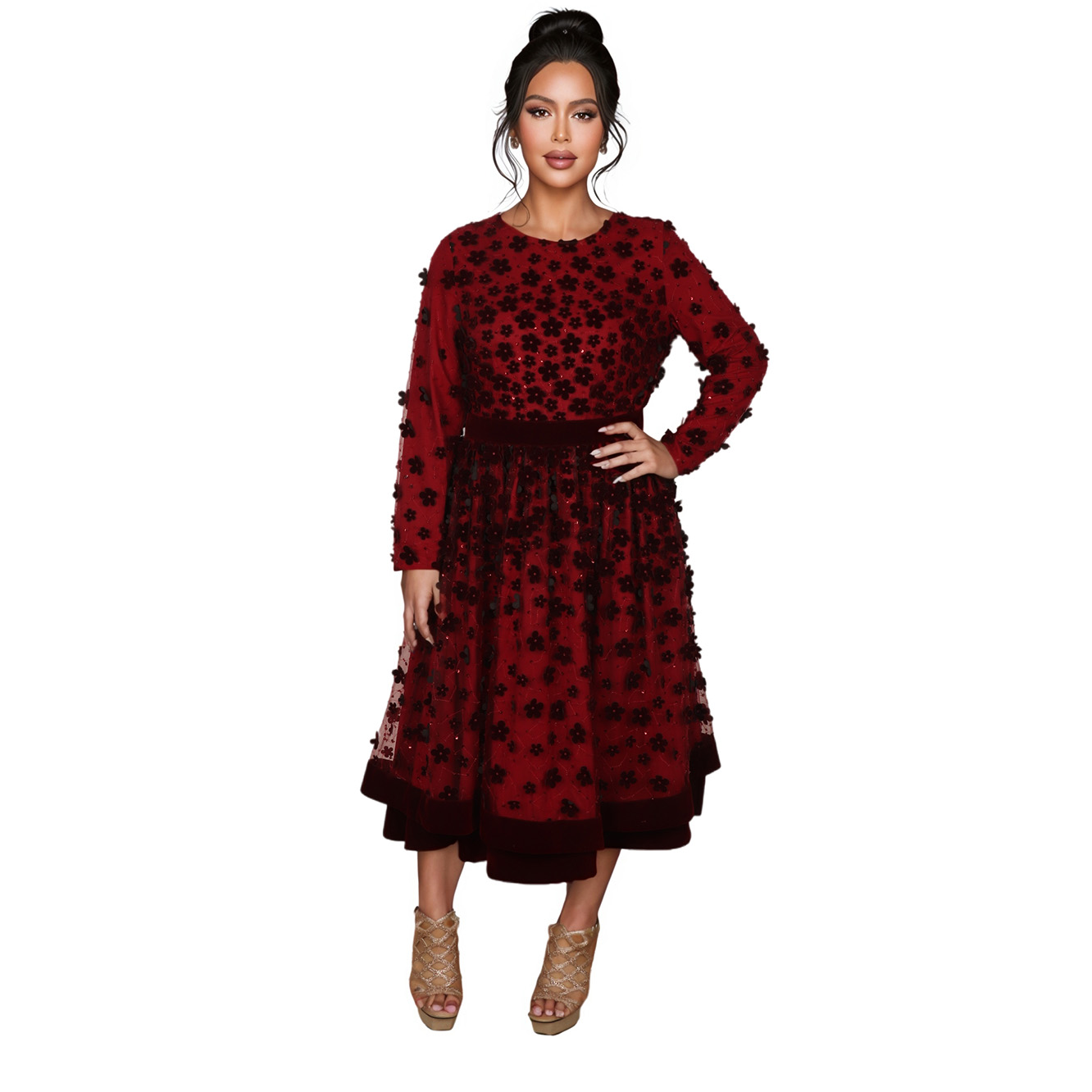 Women's Velvet Long-Sleeve Dress with Floral Embellishments: Elegance Meets Comfort