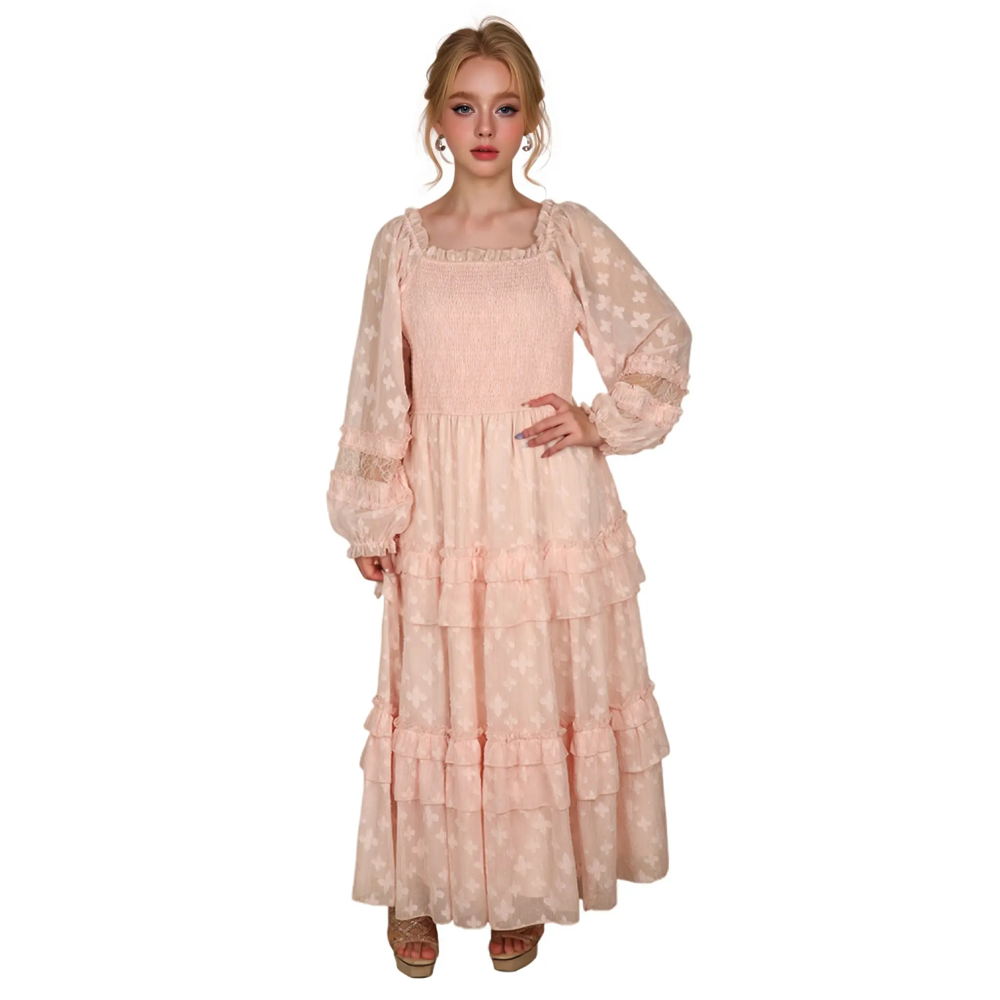 OEM/ODM Custom Bohemian Beach Maxi Dress: Blue Floral & Summer Pink Print
