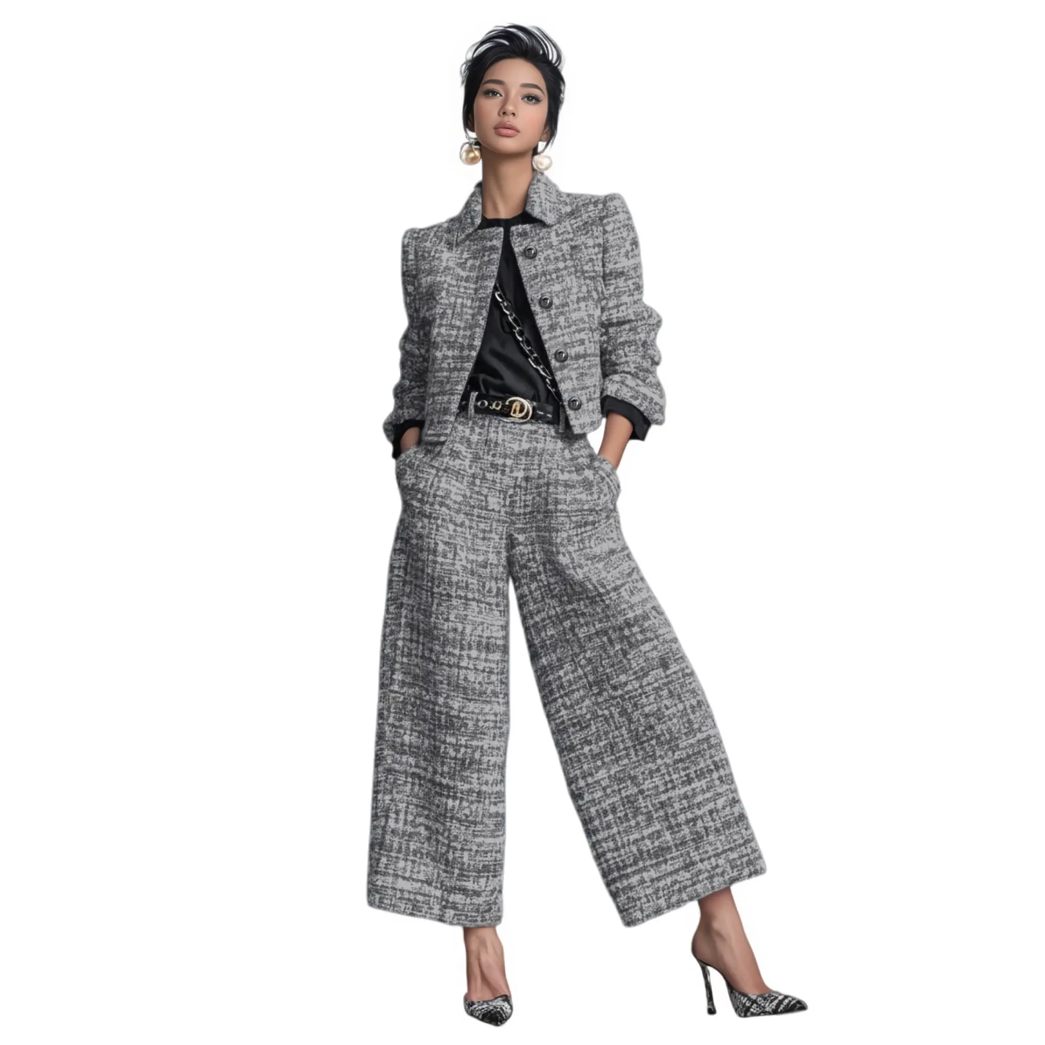 2025 Cross-Border European and American New Style Lapel Slim Fit Women's Clothing European and American Style Long Sleeve Short Jacket with Wide-Leg Pants Set