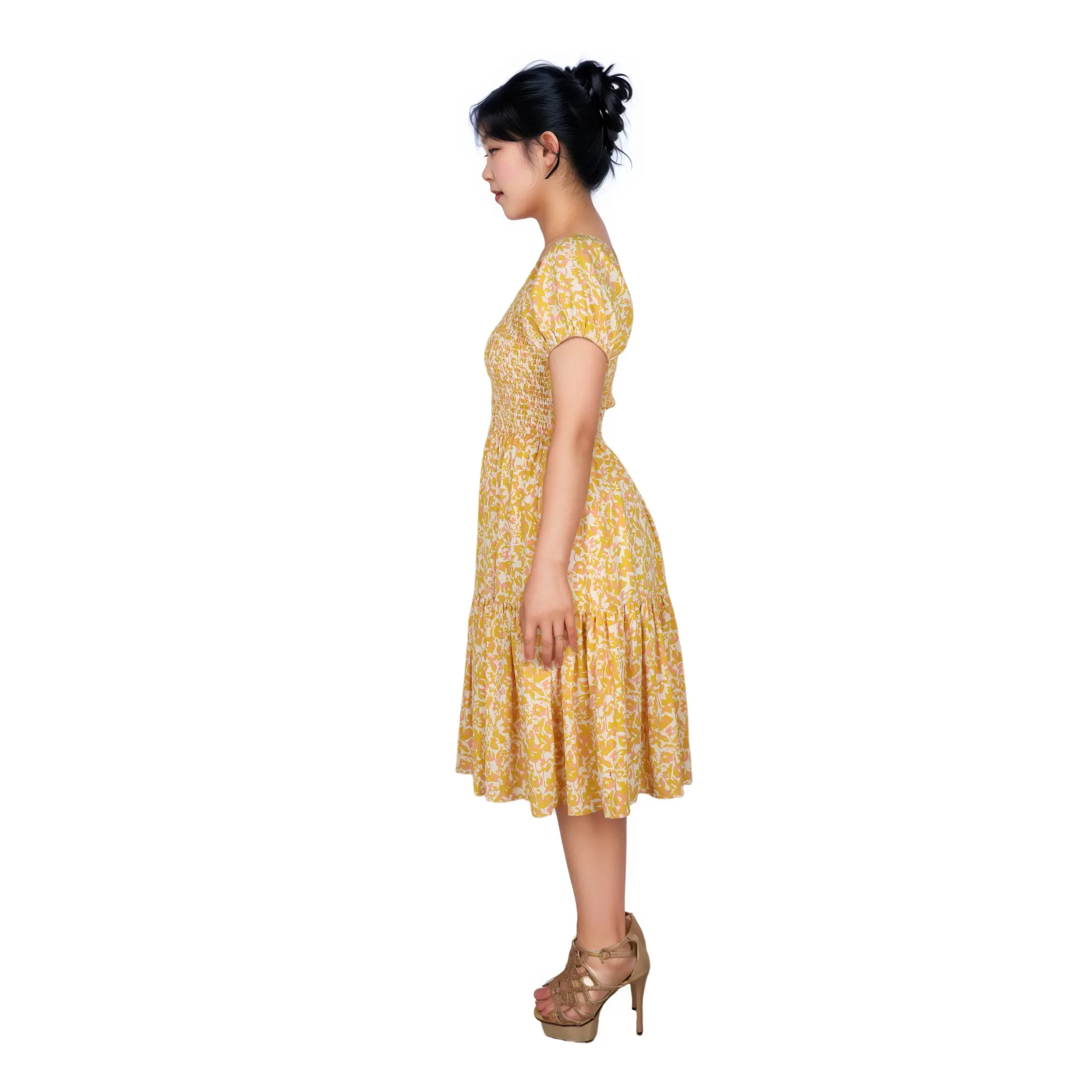OEM Custom Yellow Color Floral Print Women Dress Wholesale Women's Loose Casual Cotton Linen Dress (3).jpg