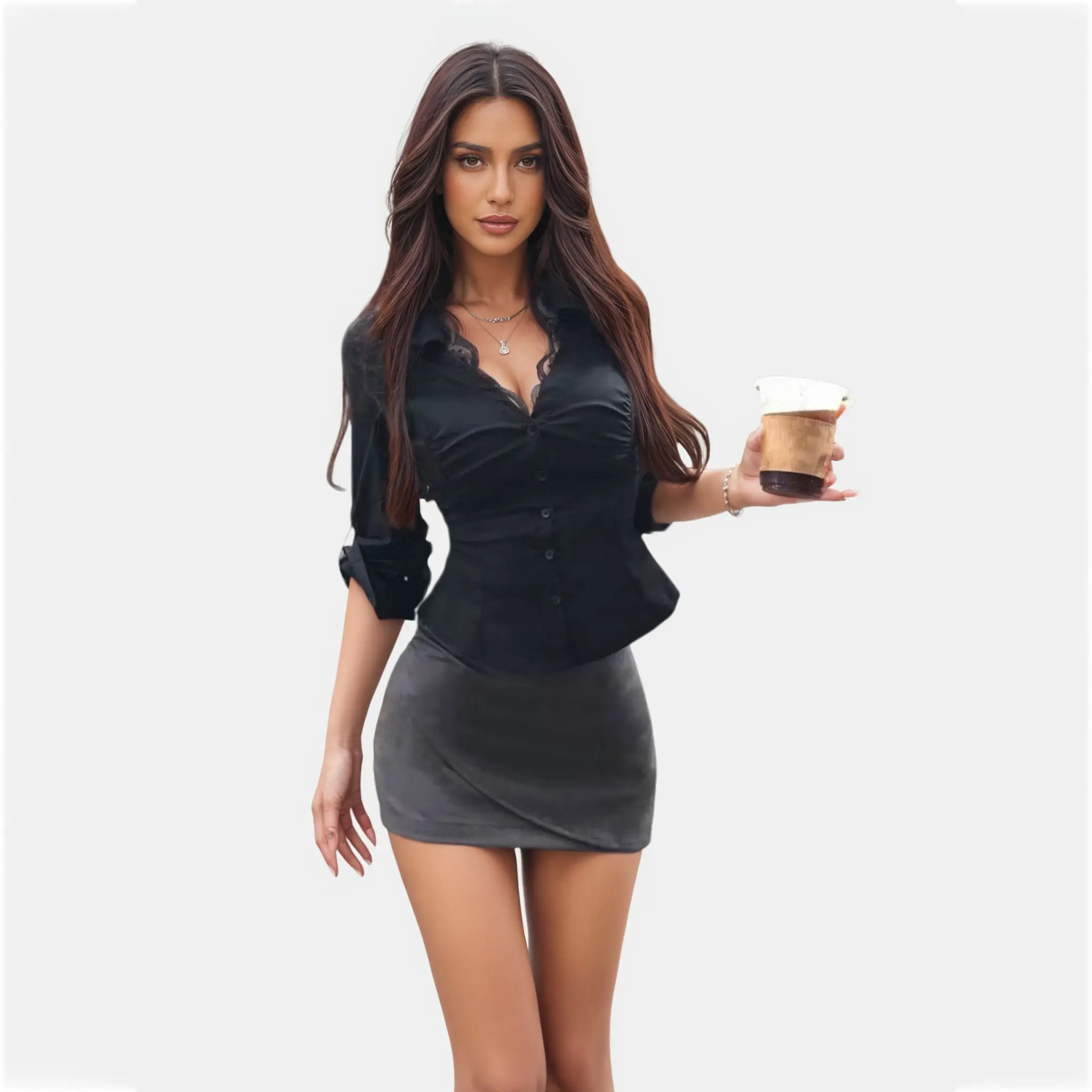 Black lace pure desire long sleeved shirt for women in autumn 2025, with a niche design and waist cinching top