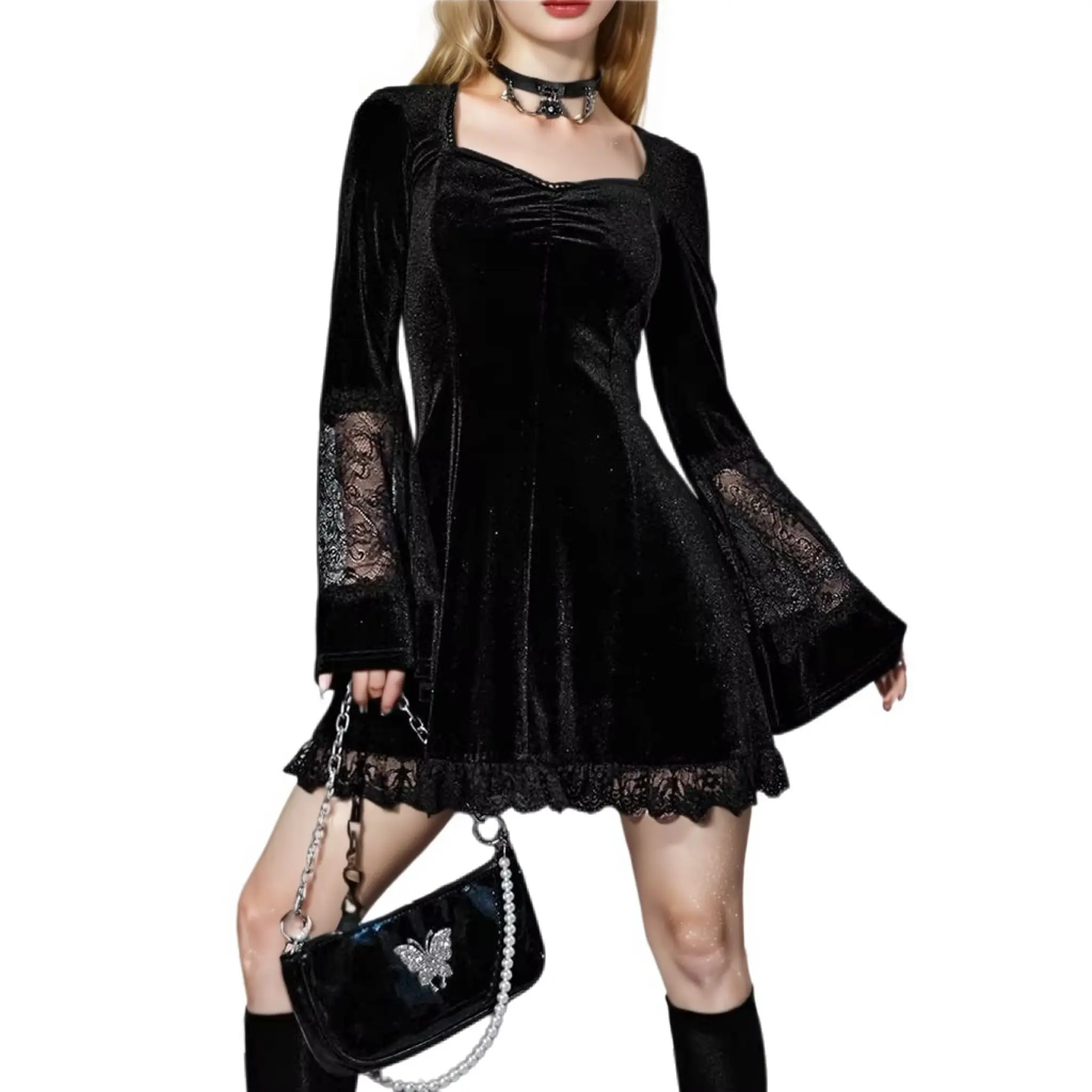 OEM/ODM Women's Dress Anti-Static Velvet Contrast Lace Long Sleeve Dress Black Goth Vintage High Waist